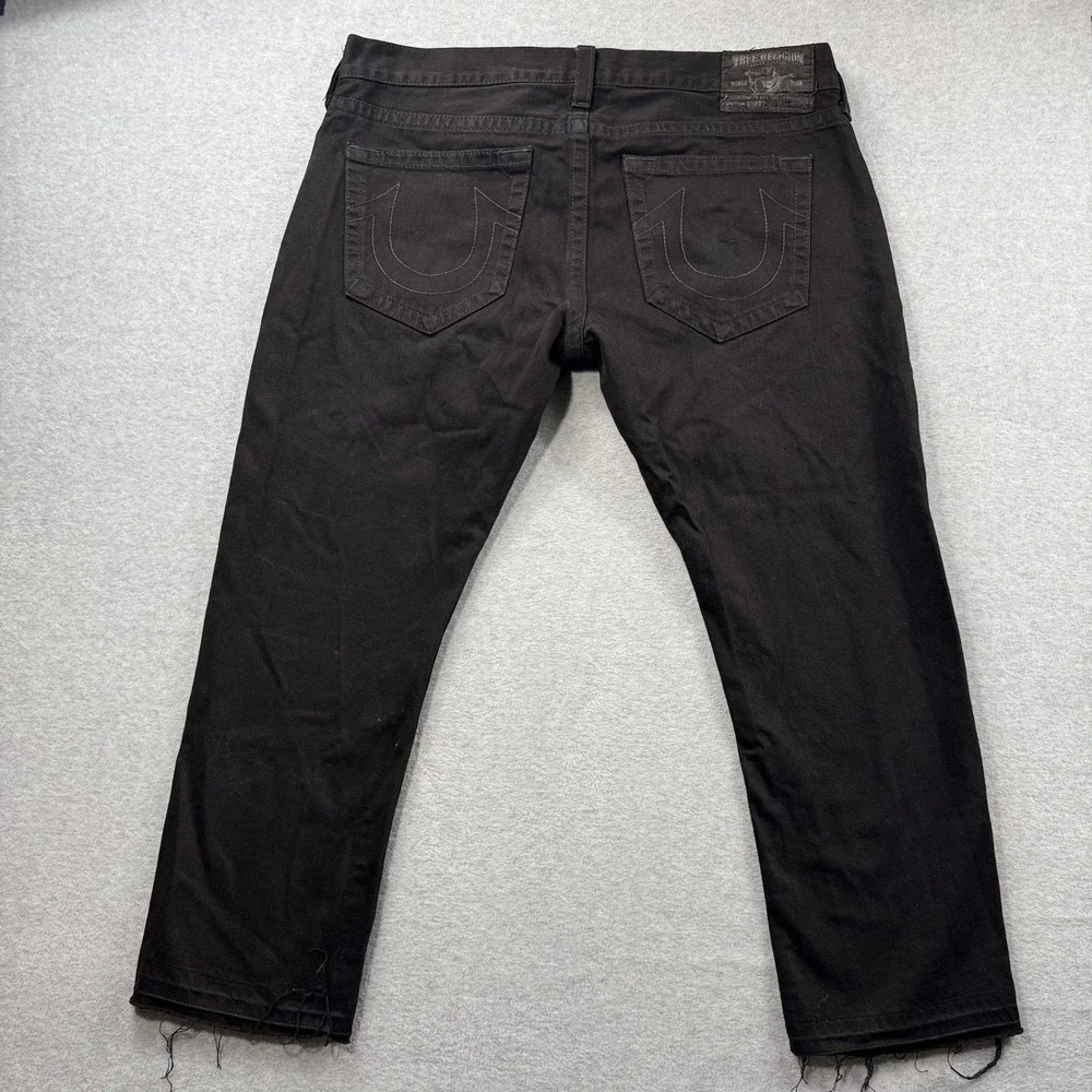 True Religion Straight Leg Bobby Jeans Mens 40 Black Raw Hem Made in USA Denim